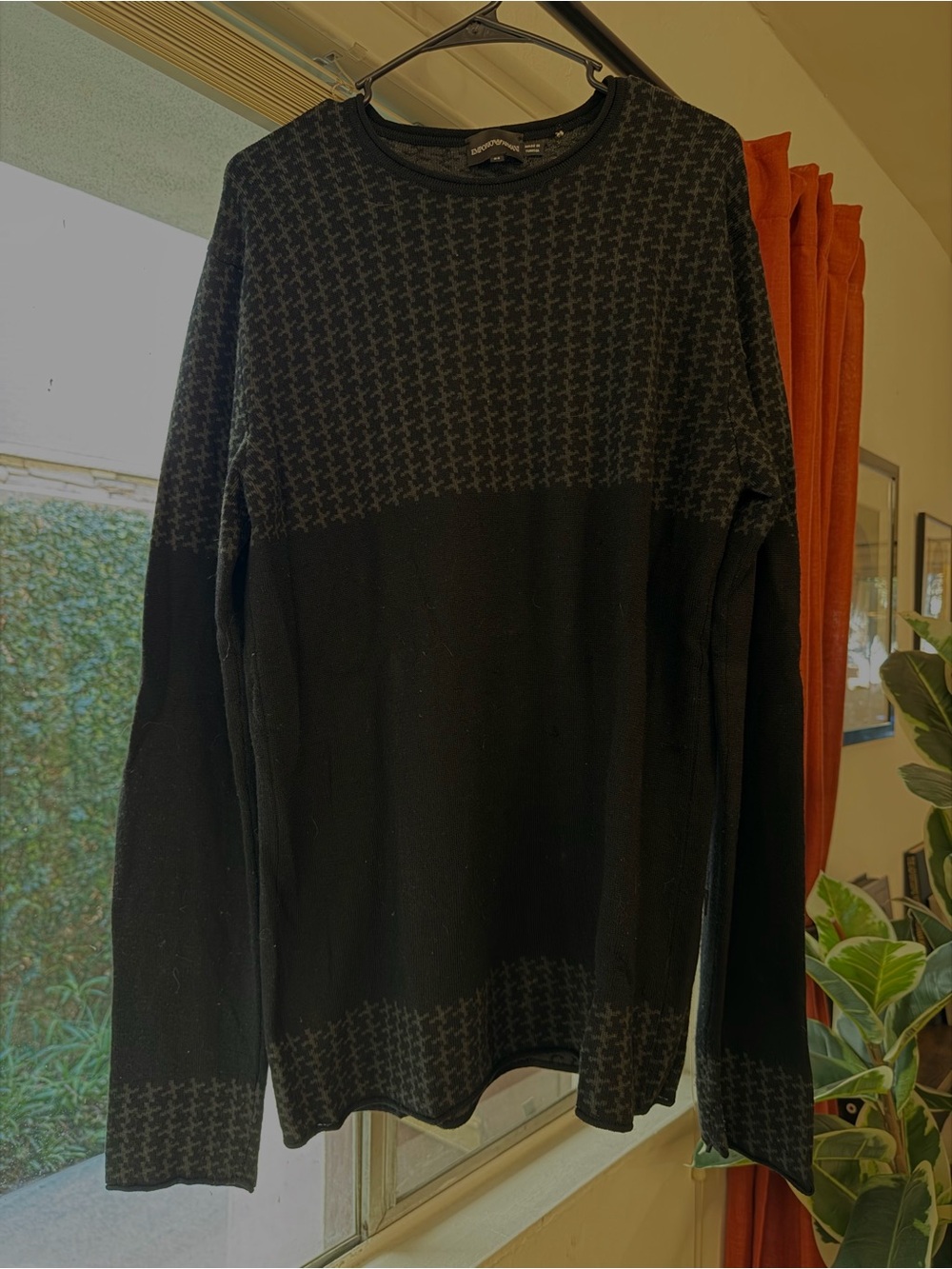 Emporio Armani Black Crewneck Sweater with Subtle Houndstooth